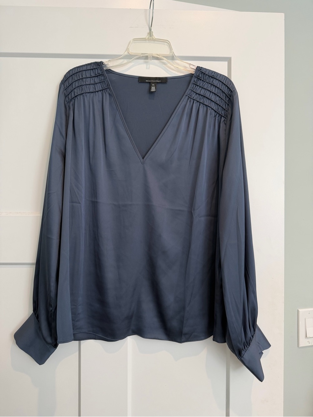 White House Black Market Slate Blue V-Neck Pleated Shoulder Blouse